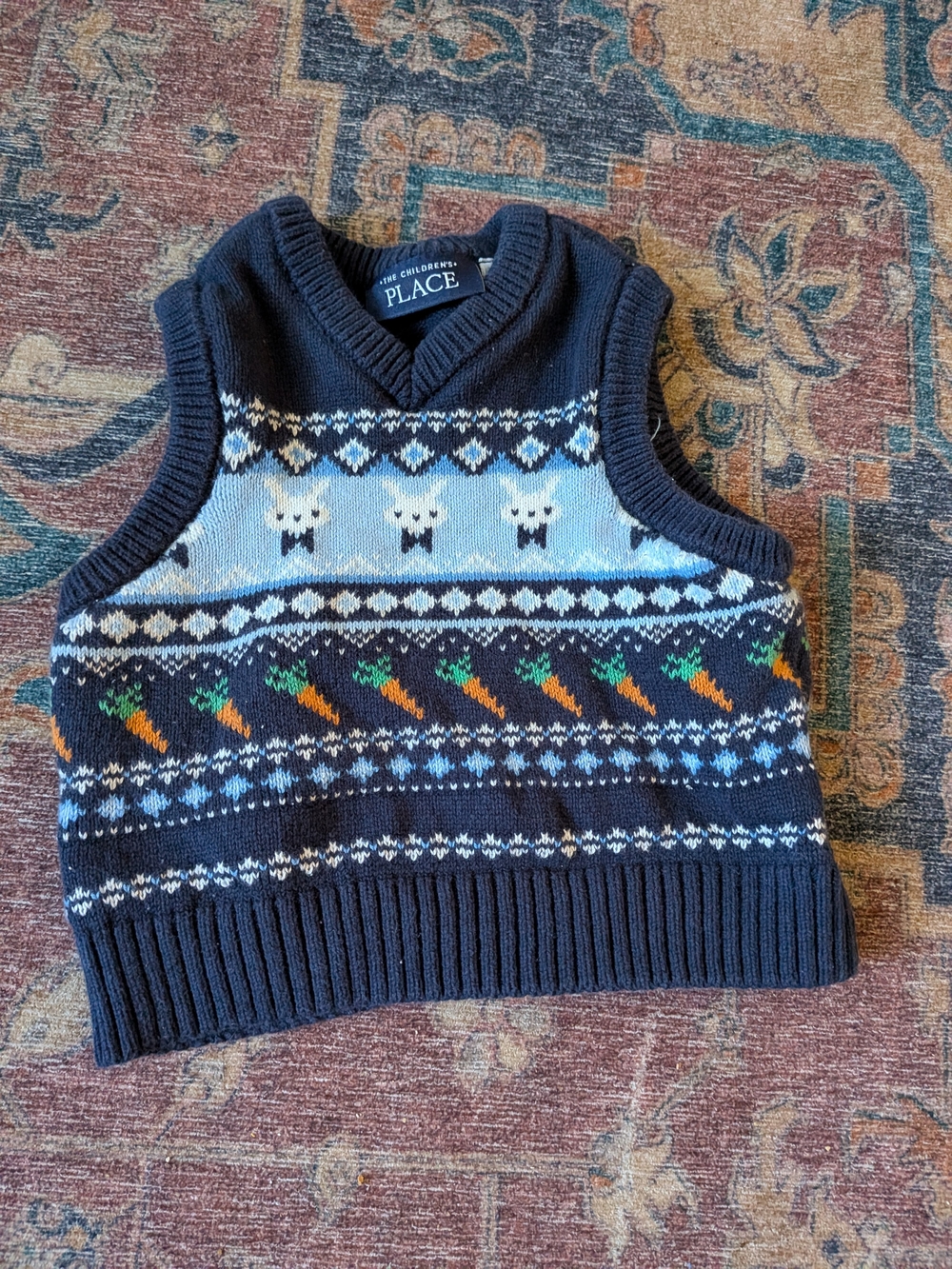 The Children's Place Navy Knit Vest with Bunny & Carrot Motif
